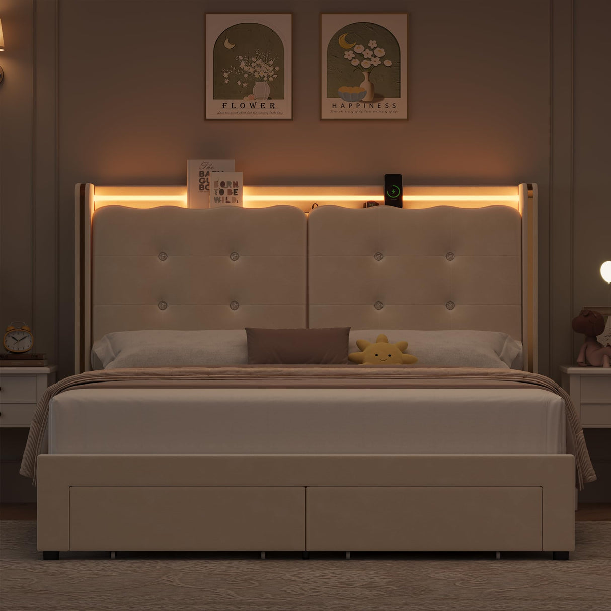 HITHOS Upholstered Full Led Bed Frame with Charging Station and Storage Drawers, Velvet Princess Platform Bed Frames with Crystal-Button Tufted Headboard for Girls and Kids, No Box Spring Need, Beige HITHOS