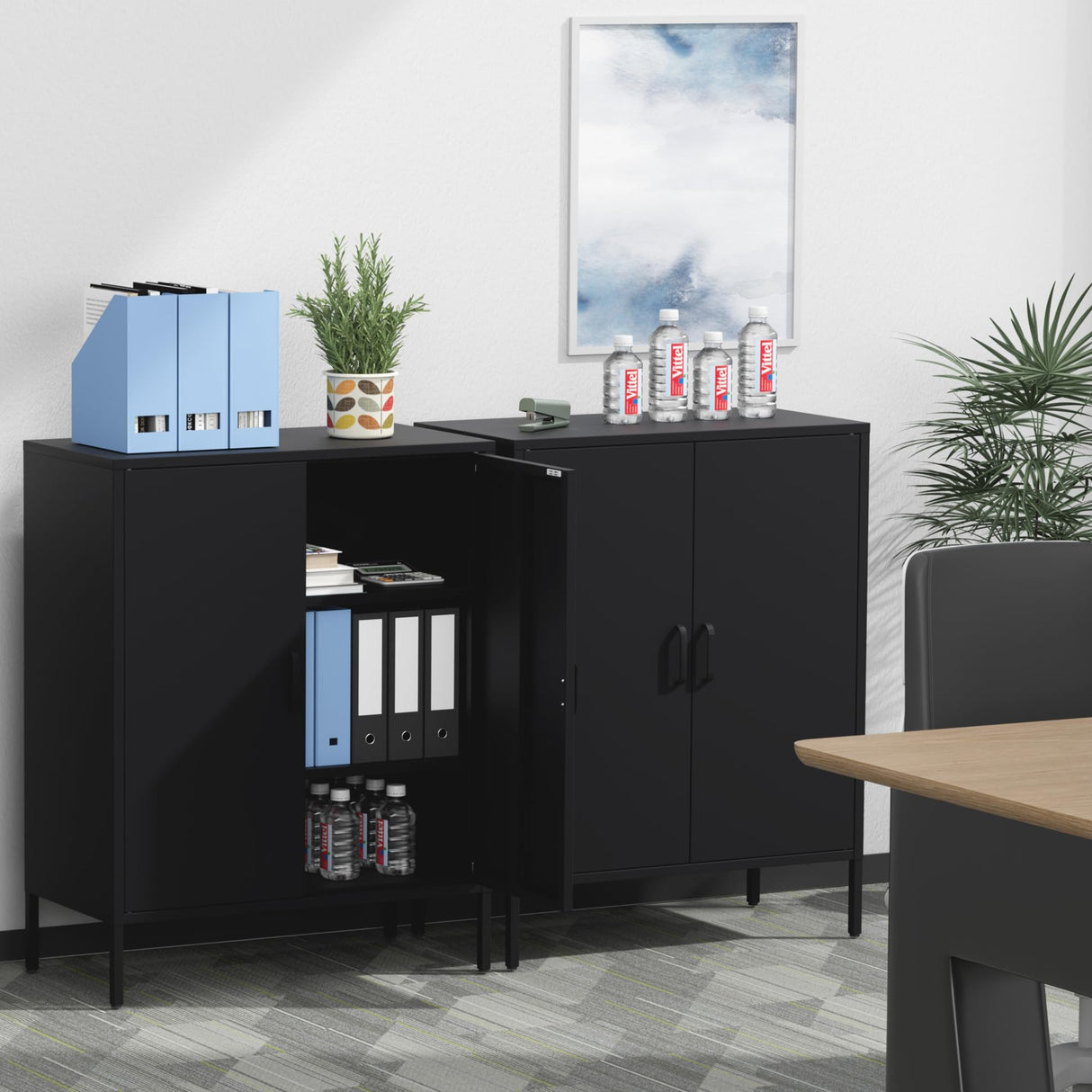 Washsemba Metal Storage Cabinet with Doors and Shelves,Multipurpose Storage Rack, 3-Tier Shelf,Metal Locker Style Accent Cabinet for Home Office,Living Room,Kitchen (Black, 40''H) Washsemba