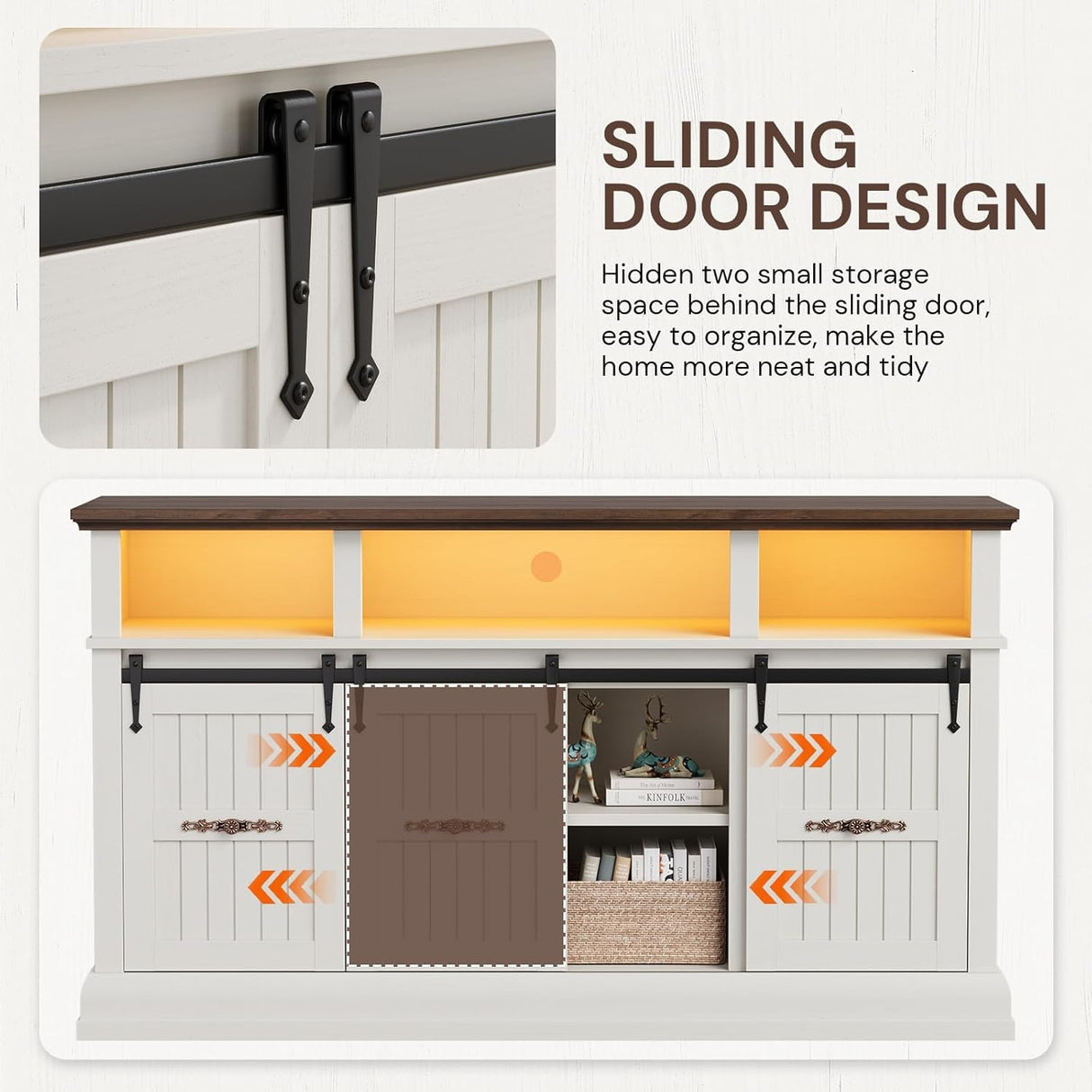 Farmhouse TV Stand for 75 Inch TV, 32" Tall Entertainment Center with LED Light, Sliding Barn Doors TV Stand Rustic Media Console with Storage Cabinets and Adjustable Shelves for Living Room, White PinkMuse