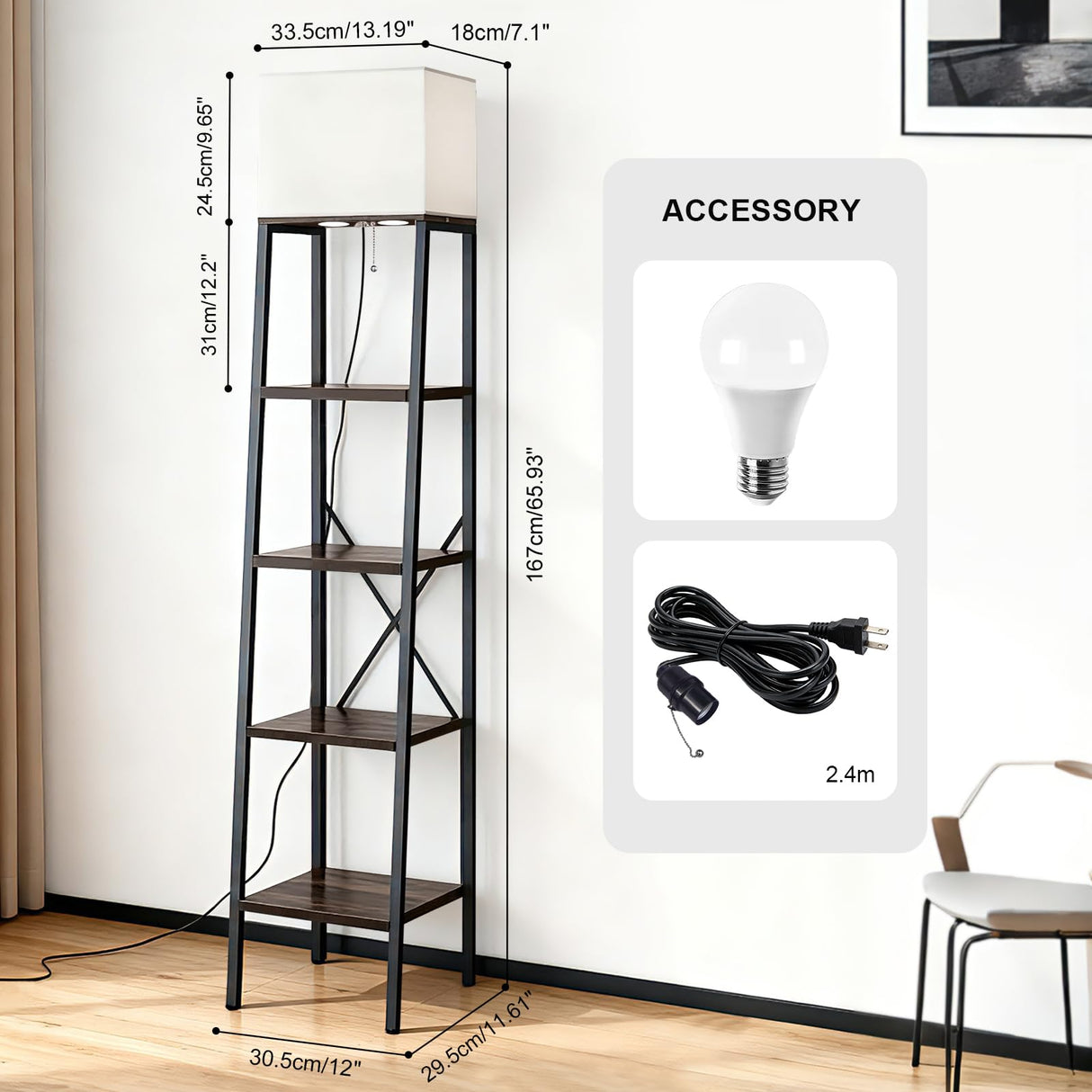 Jetfans Ladder Shelf with Lamp, 4-Tier Bookshelf Bookcase, Freestanding Corner Storage Shelve for Home Office, Living Room, Kitchen, Bedroom, Industrial, Rustic Brown Jetfans