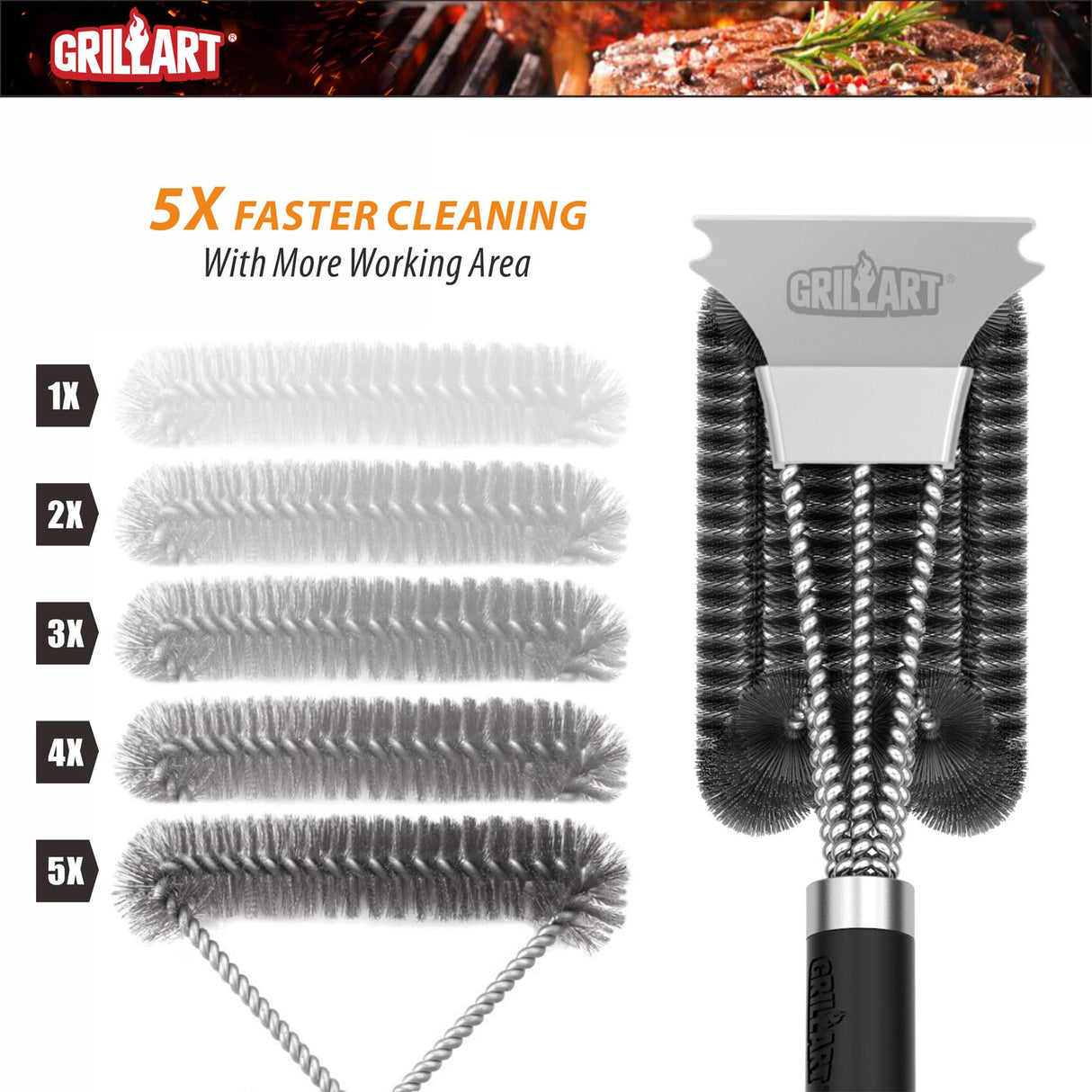 GRILLART Grill Brush and Scraper with Deluxe Handle, Safe Wire Grill Brush BBQ Cleaning Brush Grill Grate Cleaner for Gas Infrared Charcoal Porcelain Grills, BR-8529 GRILLART