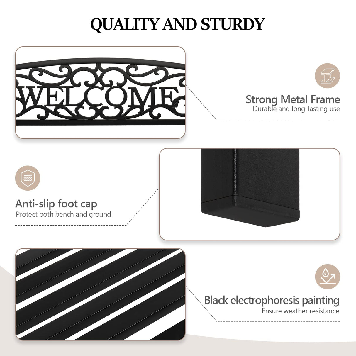 VINGLI Outdoor Bench with PVC Back Pattern, Metal Garden Bench Black Steel Welcome Bench for Patio, Porch, Deck, Yard, Lawn Decor Entryway VINGLI