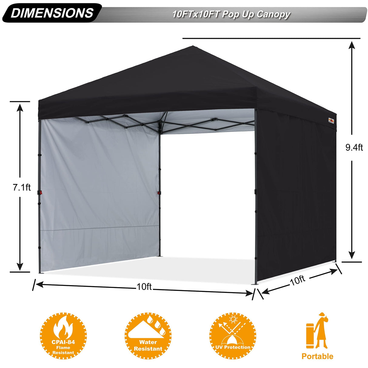ABCCANOPY Easy Pop up Canopy Tent with 2 Sidewalls for Outdoor Sun Blocking or Rain Protection,10x10, Black ABCCANOPY