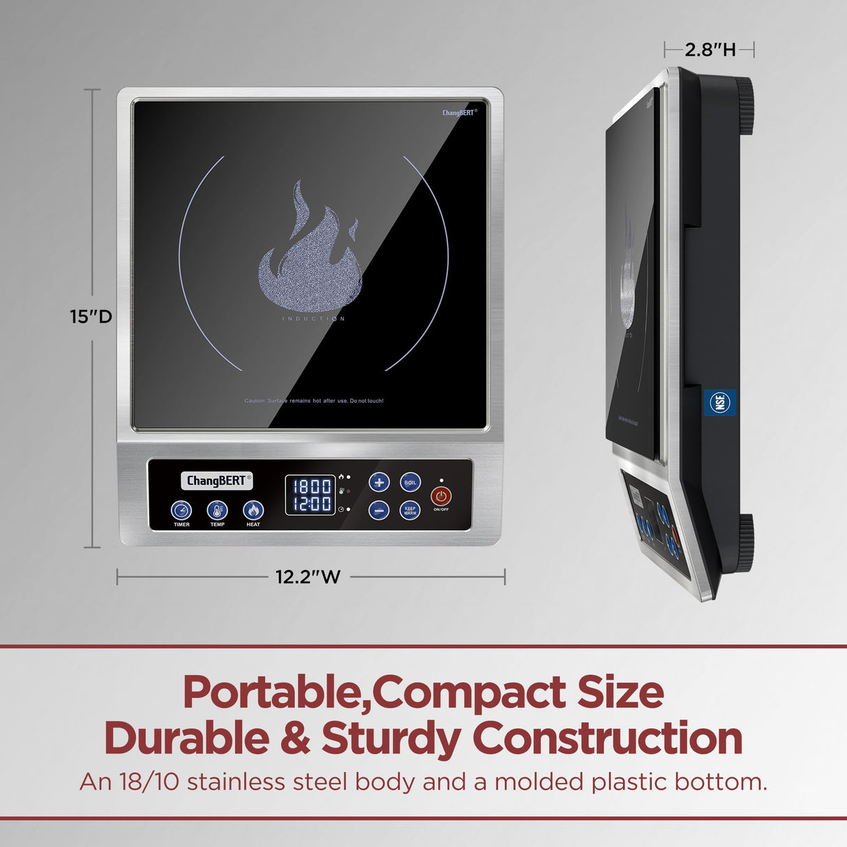 ChangBERT Portable Induction Cooktop, NSF Certified Pro Induction Hot Plate, Powerful 1800W with Large 8" Heating Coil, 18/10 Commercial Grade Stainless Steel, 18 Temp Settings Countertop Burner CHANGBERT