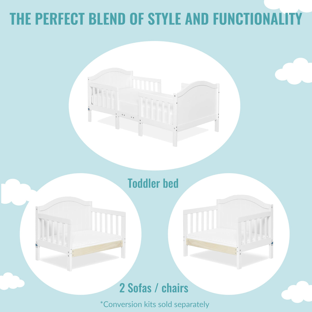 Dream On Me Portland 3 In 1 Convertible Toddler Bed in White, Greenguard Gold Certified, JPMA Certified, Low To Floor Design, Non-Toxic Finish, Pinewood Browell