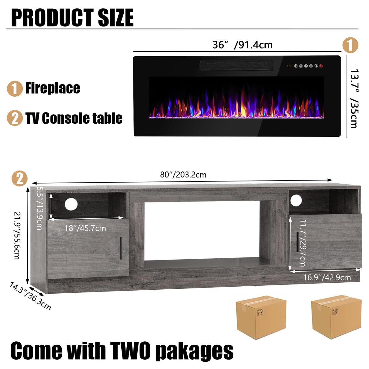 VITESSE TV Stand with 36" inch Electric Fireplace Up to 90" TVs, LED Light Entertainment Center, 80" Modern Wood High Gloss Fireplace with Highlight Storage Cabinet for Living Room (Grey) VITESSE
