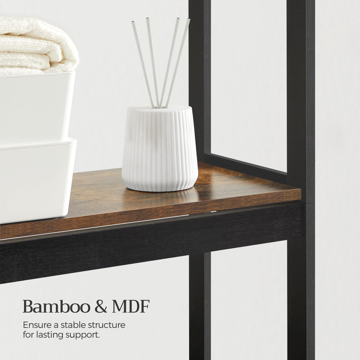 SONGMICS Over-The-Toilet Storage, 3-Tier Bathroom Organizer Over Toilet with Adjustable Shelves, Hooks, Bamboo, Freestanding Space Saver Bathroom Shelves, Rustic Brown and Ink Black UBTS012B01 SONGMICS