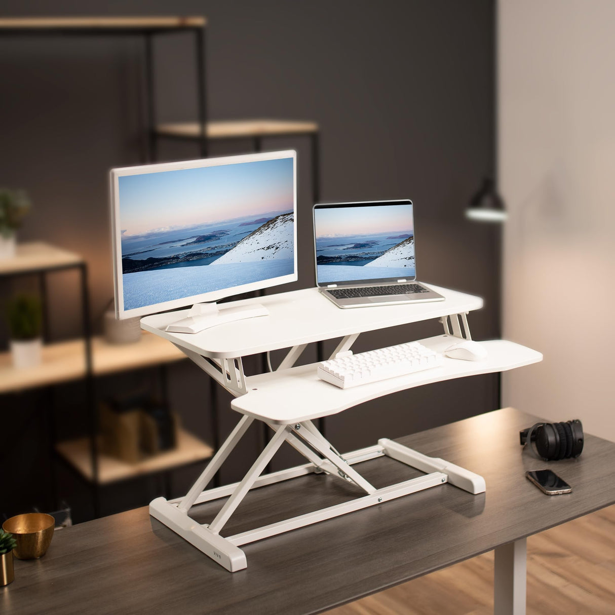 VIVO 32 inch Desk Converter, K Series, Height Adjustable Sit to Stand Riser, Dual Monitor and Laptop Workstation with Wide Keyboard Tray, White, DESK-V000KW VIVO