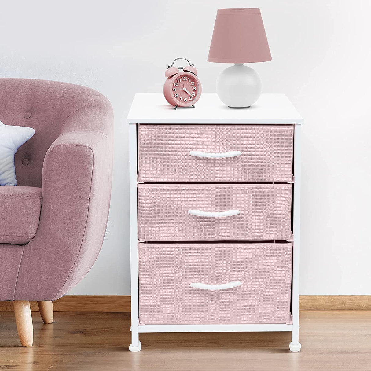 Sorbus Nightstand with 3 Drawers - Furniture Storage Chest Tower Unit for Bedroom, Hallway, Closet, Office Organization - Steel Frame, Wood Top, Pastel Fabric Bin (Pink) Sorbus