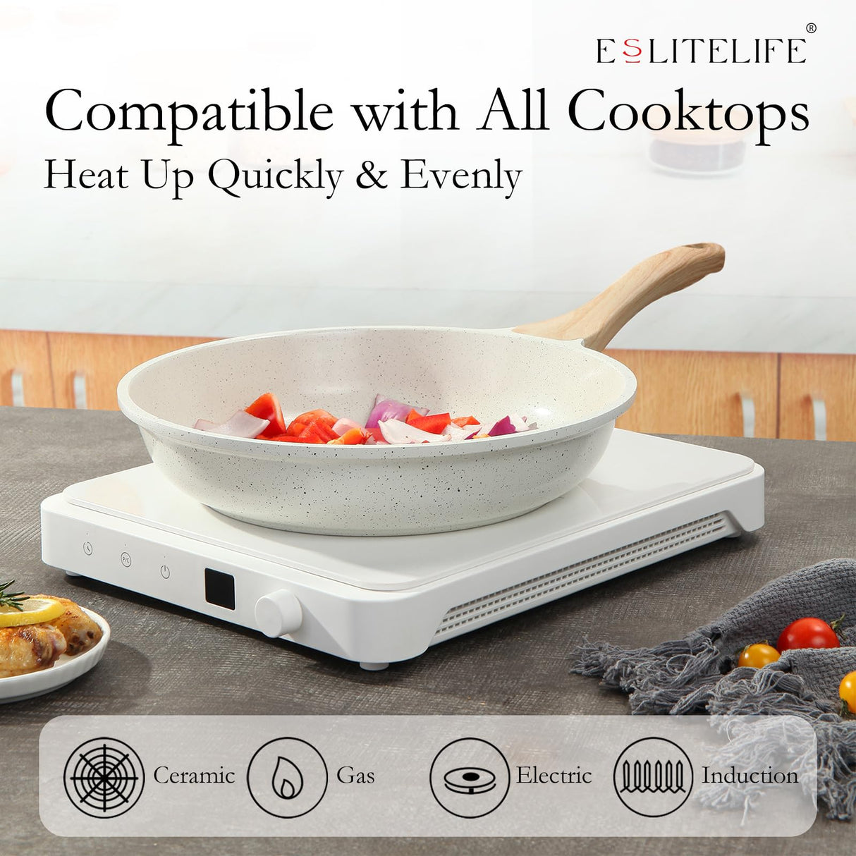 ESLITE LIFE Nonstick Ceramic Frying Pans Skillets Set, Non-Toxic Egg Omelette Kitchen Cooking Pans Compatible with All Stovetops (Gas, Electric & Induction), PTFE & PFOA Free (White) ESLITE LIFE