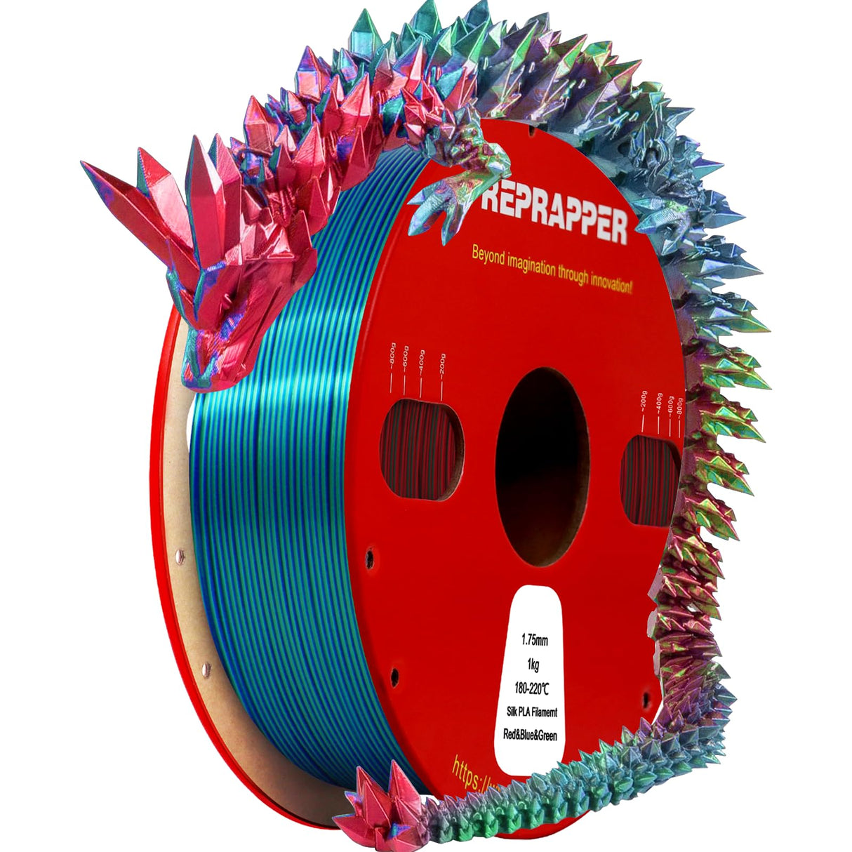 Reprapper Triple Color Filament Coextrusion PLA Filament 1.75mm for 3D Printer, Multicolor Like Dual Color Rainbow PLA, 2.2lbs (1kg), Silk PLA Red/Blue/Green RepRapper