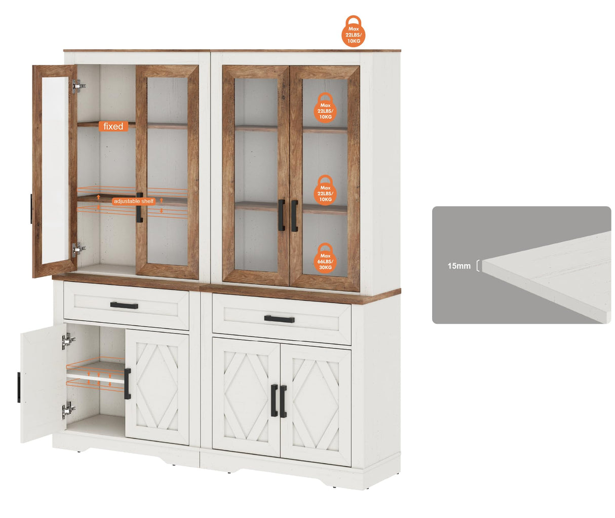 WAMPAT 5-Tier Bookcase with Sturdy Plexiglass Doors,73.3" Tall Standing Bookshelves with Barn Door Cabinets,63" Wide Modern Farmhouse Display Cabinet with Adjustable Shelves for Home,Office,Oak WAMPAT