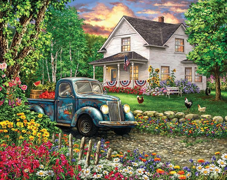 Springbok's Simpler Times 2000 Piece Puzzle for Adults Featuring a Charming Rural Scene Including an Old Farm House with a Classic Pickup Truck Springbok