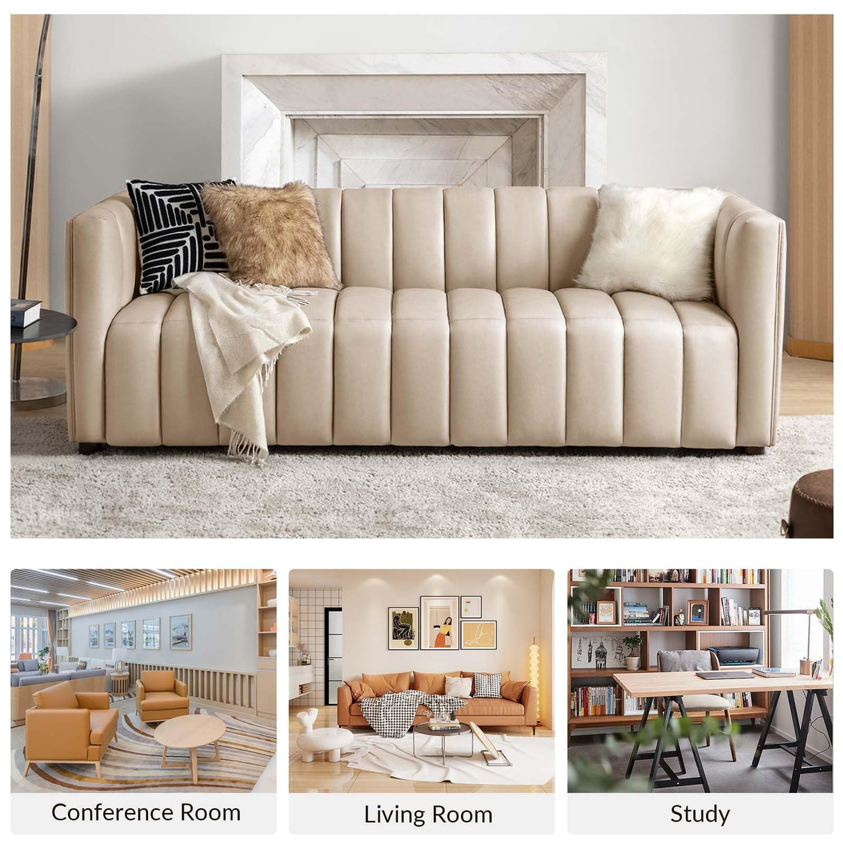 HULALA HOME 83" Genuine Leather Sofa, Sofa Leather for Living Room, 3 Seater Sofa Couch Top Layer Leather Large Sofa Furniture with Channel Tufted Seat Back & Square Arms (Beige) HULALA HOME