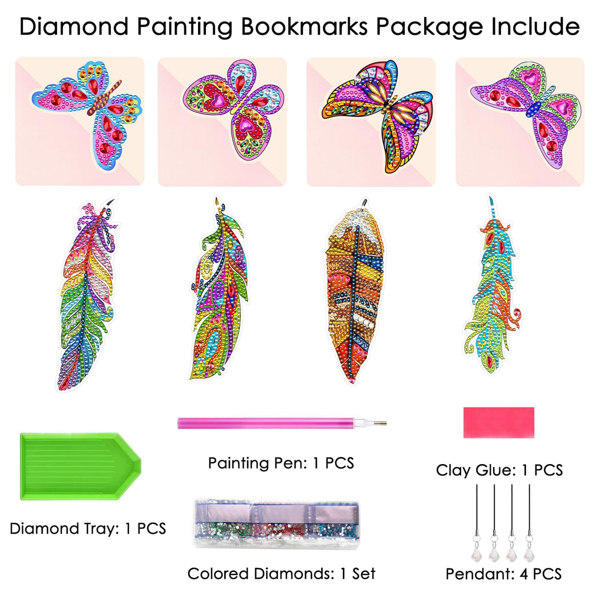 TDOOW 8 PCS Diamond Art Painting Bookmarks for Adults, Feather Diamond Art Bookmarks, Butterfly Corner Painting Book Mark Kits Craft DIY Diamond Art Kits Gem Small Dotz Gifts TDOOW