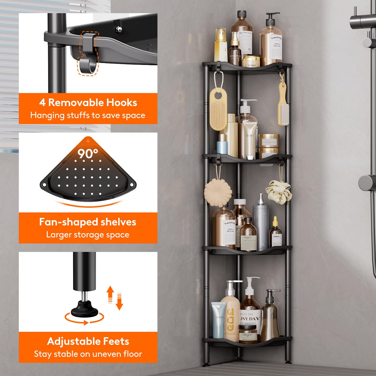 Lifewit 4 Tier Floor Standing Shower Caddy Corner, Plastic Bathroom Organizer Shelf Rack for Storage Shampoo, Body Wash Care, Skincare, Black Lifewit