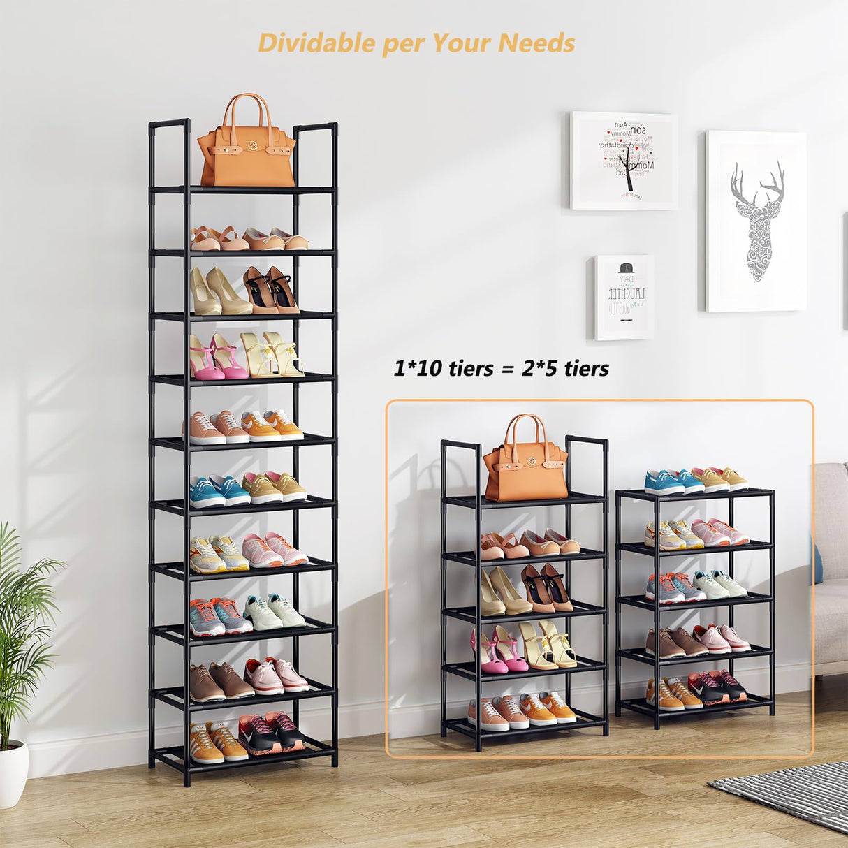 WOKKOW Narrow Tall Shoe Rack Organizer for Closet Entryway 10 Tier Vertical Shoe Storage Shelf Holds 20-25 Pairs with Hooks WOKKOW