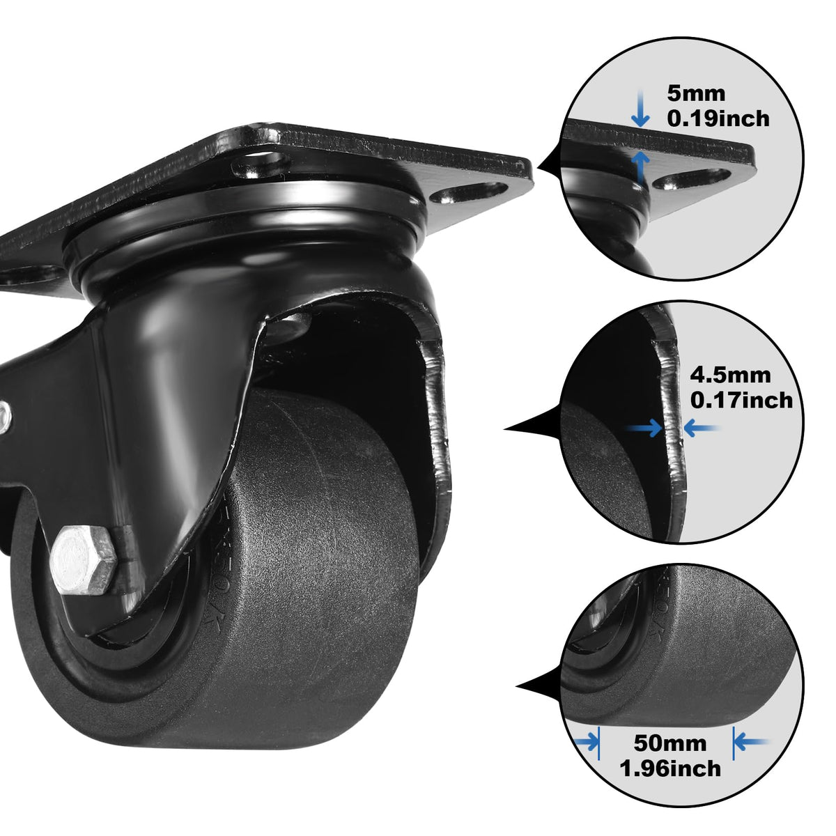 W B D WEIBIDA Plate Swivel Caster Wheels 3-inch Heavy Duty of 4400lbs, Low Gravity Center Design Black Caster Wheels with Brake, Durable & Quiet & Sturdy Nylon Wheels for Industrial, Set of 4 W B D WEIBIDA