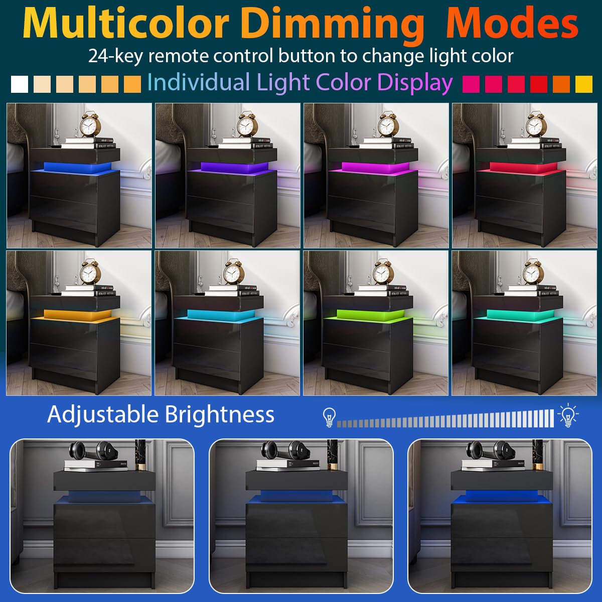 HOMMPA LED Nightstand Black Nightstand with Led Lights Modern Night Stand with 2 High Gloss Drawers Led Bedside Table Smart Nightstand for Bedroom 20.5” Tall HOMMPA