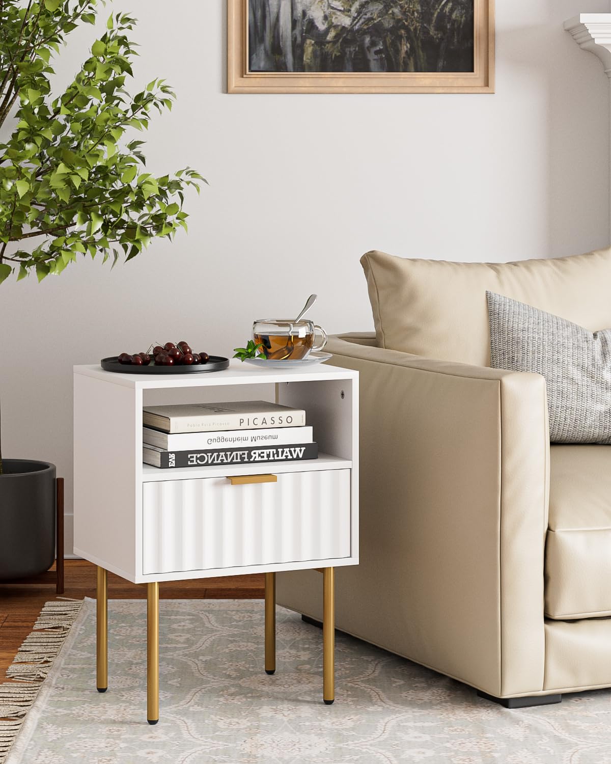 Aienvey Nightstand,Modern Bedside Table with Gold Frame,White Night Stand,Bedside Furniture, Modern Side Table with Drawer and Shelf for Bedroom,Living Room (White) Aienvey