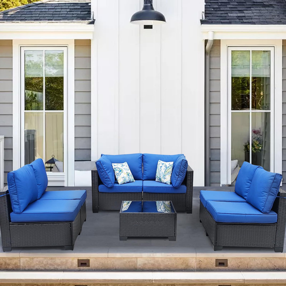 7 Pieces Outdoor Rattan Wicker Patio Set with Coffee Table, Armless Seats and Corner Seats, 2 Pillows Included,Sectional Furniture Chair Set,Coffee/Blue… Peacabo