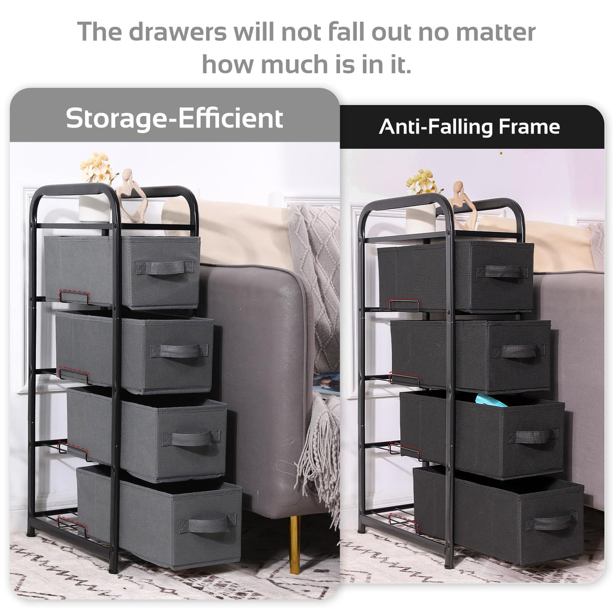 MAX Houser 4 Drawer Narrow Dresser Fabric Storage Tower Vertical Slim Storage Chest Organizer Nightstand Side/End Table Small Standing Organizer Removable Drawers Wood Top for Bedroom, Bathroom(Black) MAX Houser