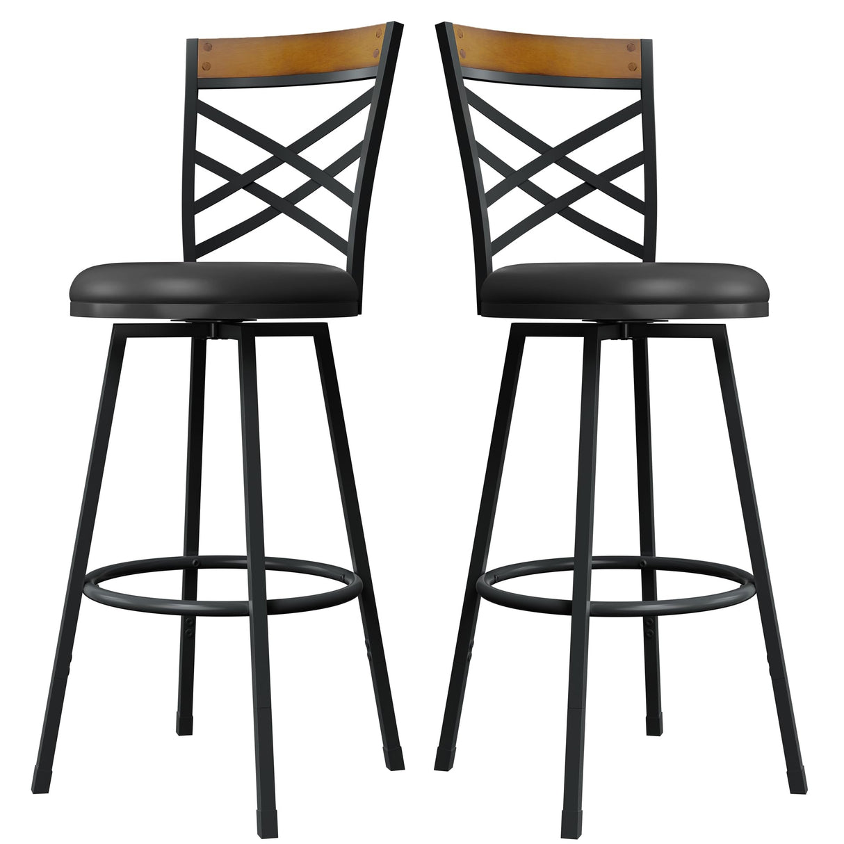 BOSHIRO Black Bar Stools Set of 2 - Rustic Wood & Metal Swivel Barstools with Curved Backrest, 360° Rotation, Adjustable Height Dining Chair for Living Room, Kitchen, Bar BOSHIRO