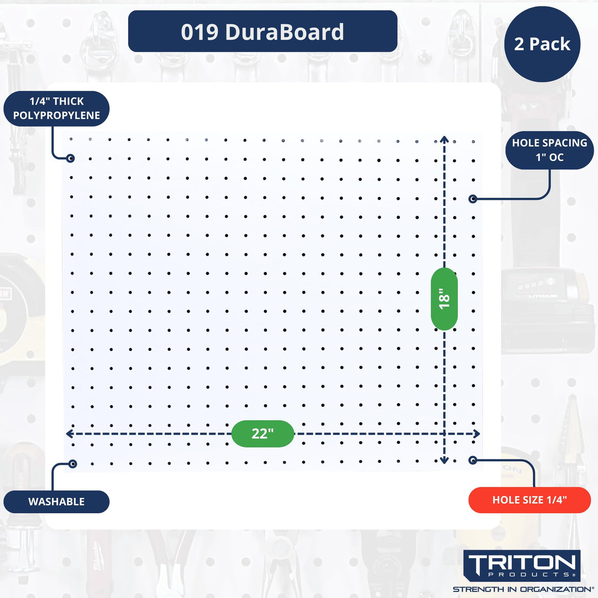 Triton Products Heavy Duty Poly Pegboards - Set of 2 DuraBoard Wall Panels, Each 22" x 18" x 1/4" with 1/4" Holes for Home, Office, Garage, Storage and Organization (White) Triton Products