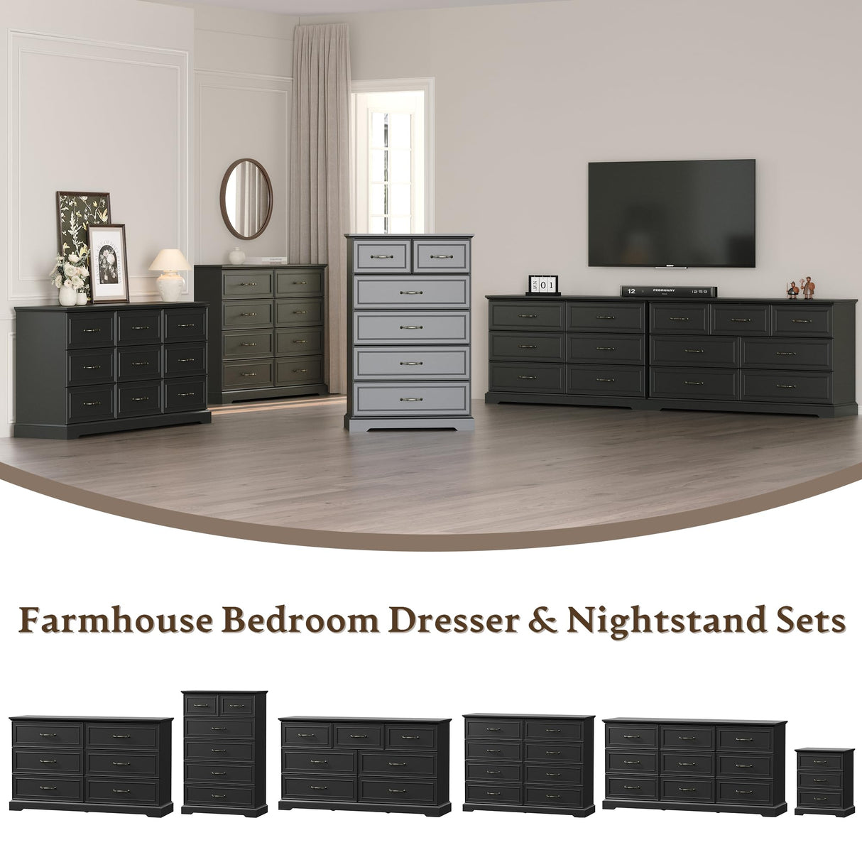 Farmhouse 7 Drawers Dresser for Bedroom, 57" Wide Modern Chest of Drawers with Deep Drawers & Bar Handles, Rustic Wood Dresser TV Stand, Wooden Closet Storage Organizer for Living Room, Hallway, Black Xixini
