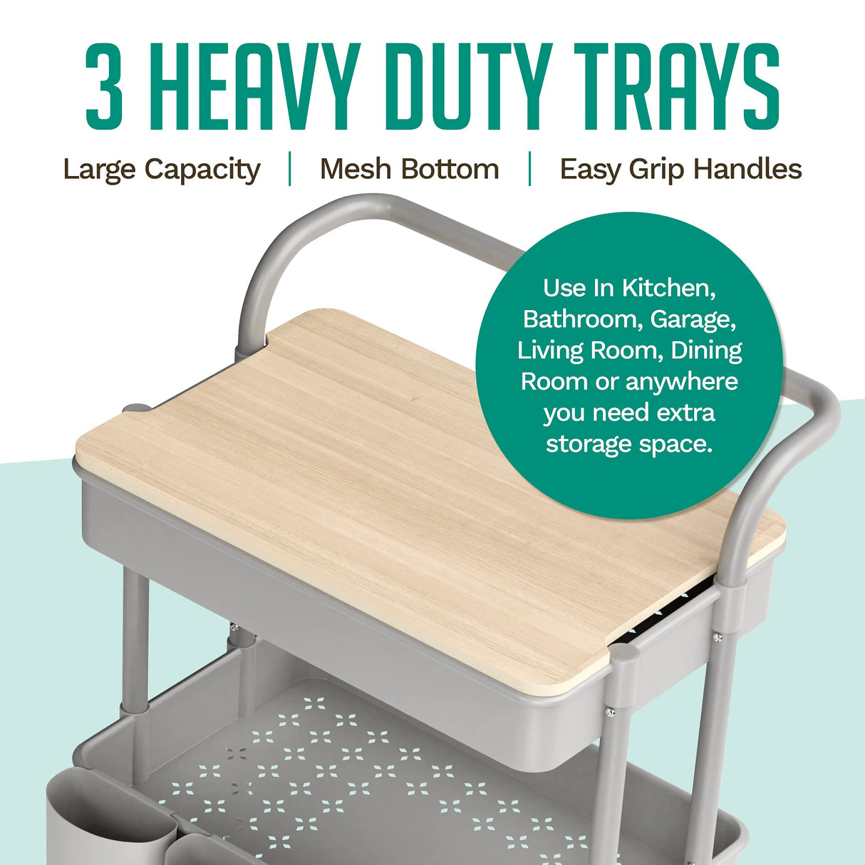 3 Tier Rolling Cart, with Table Top, Rolling Storage Cart with Handles and Locking Wheels, Utility Cart with 2 Small Baskets and 4 Hooks for Bathroom. Office, Balcony, Living Room (Grey) Koolerthings Expansion Wellness