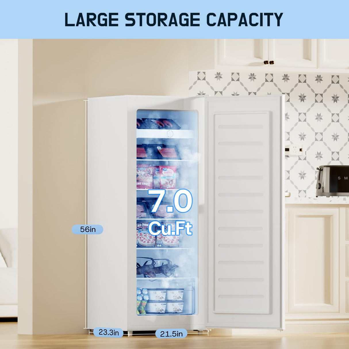 Upstreman 7.0 Cu.Ft Upright Freezer, Large Capacity Garage Ready Deep Freezer with 5 Adjustable Shelves, Convertible Refrigerator/Freezer, Reversible Door for Home, Basement, Apartment (White) Upstreman