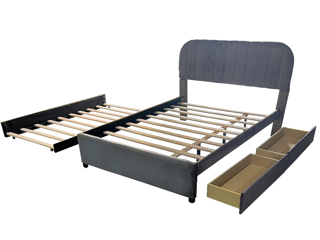 PVWIIK Upholstered Full Platform Bed with Trundle and Drawers for Bedroom, Living Room, Upholstered Soft Fabric Bedframe & Space Saving Design,No Box Spring Needed, Grey PVWIIK