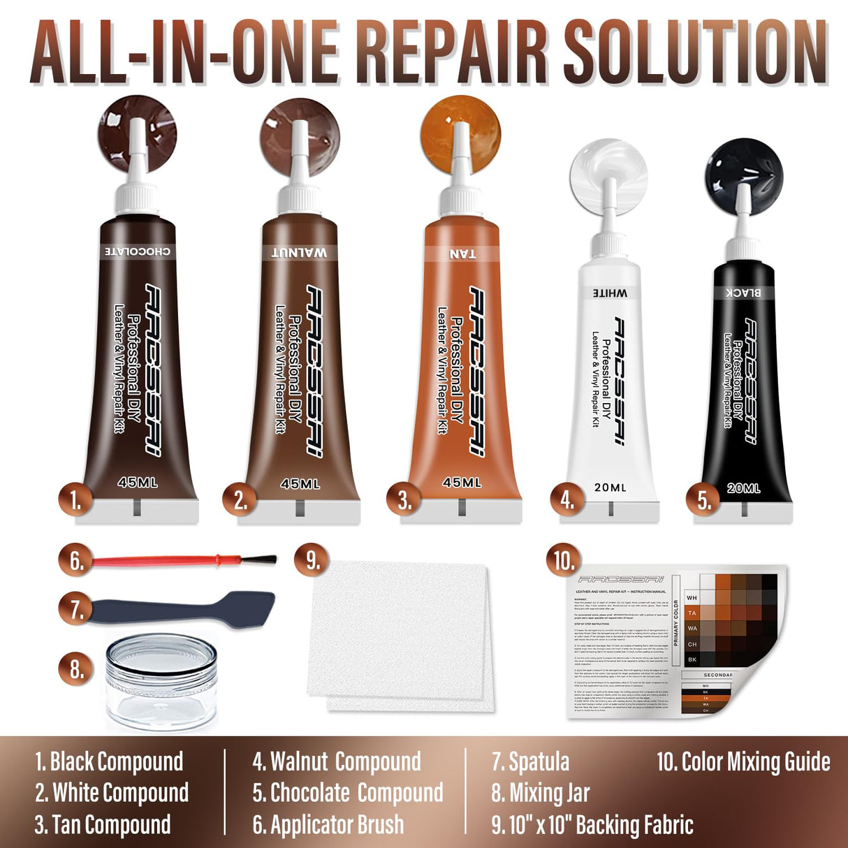 ARCSSAI ARCSSAL Brown Leather Repair Kit for Furniture, Leather Couch Repair Kit for Sofa, Jacket, Car Seats and Purse with Super Easy Instructions, Restores Any Material, Bonded, Pleather, Genuine ARCSSAI ARCSSAL