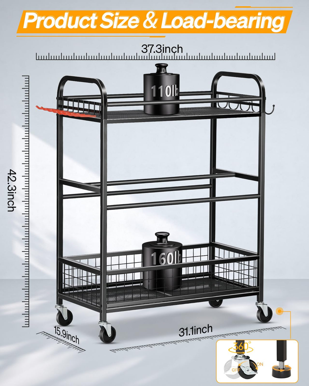 EXTCCT Ball Storage Sports Equipment Organizer - Garage Storage Cart Rolling Ball Storage Rack with Hooks Wheels Outdoor Indoor Gym Gear Toy Holder Bin for Basketball, Baseball, Soccer EXTCCT