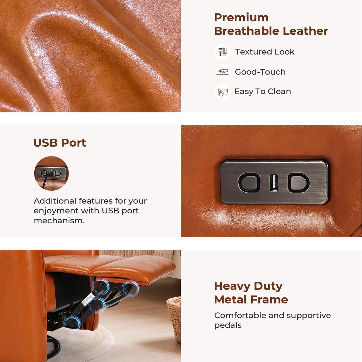 Homdox Power Recliner Chair Swivel Glider with Massage and Heat, Living Room Nursery Reclining Chair with USB, Faux Leather, for Small Spaces, Orange-Brown Homdox