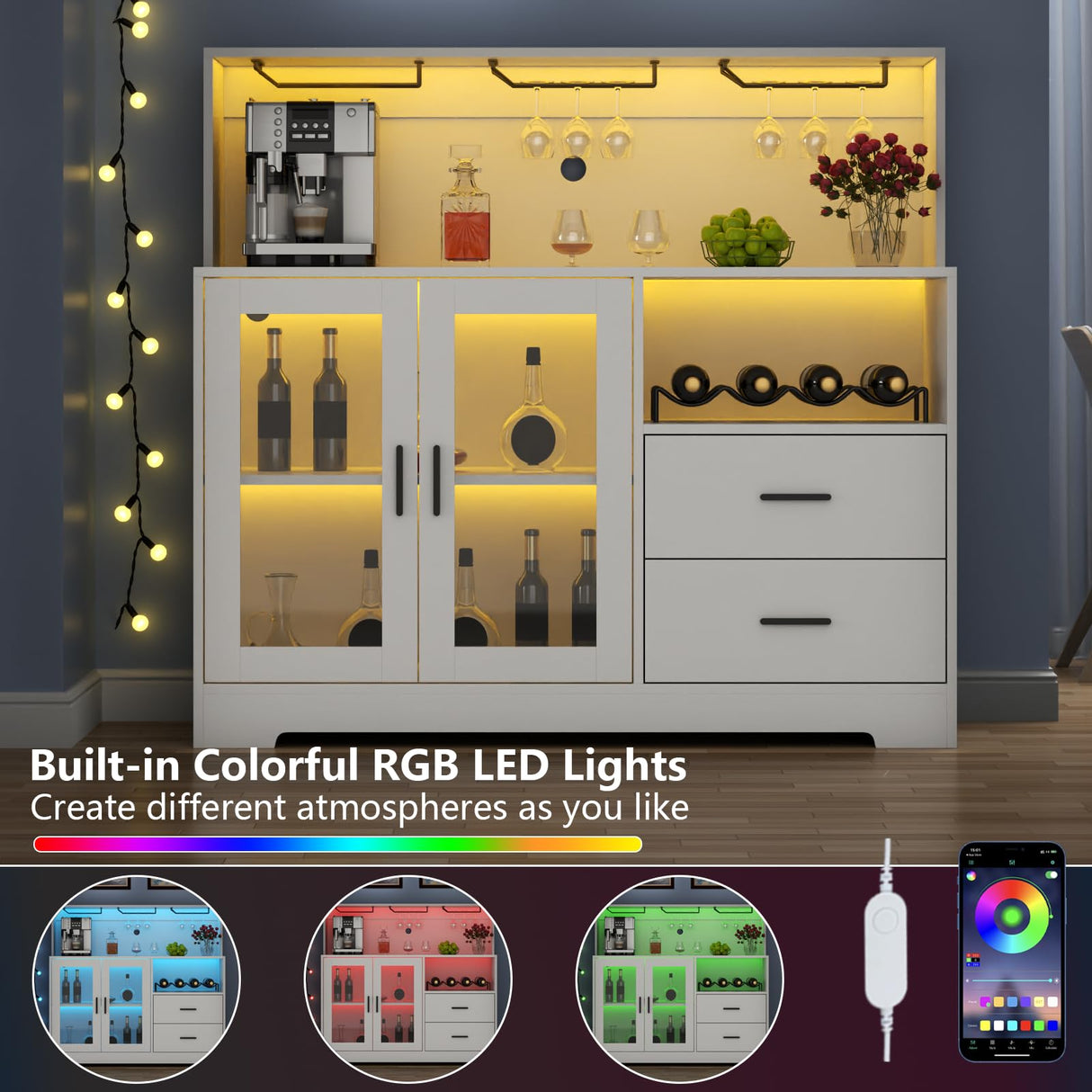 Auromie Wine Bar Cabinet with LED Light, Home Coffee Cabinet with Wine and Glass Rack, Kitchen Buffet Sideboard with Storage Cabinet&Drawers, Modern Liquor Cabinet for Living Room Dining Room (White) Auromie