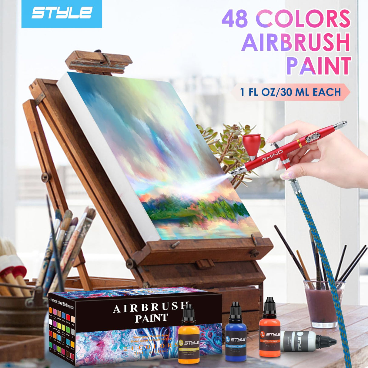 rhinowisdom Airbrush Paint - 48 Colors Airbrush Paint Set 1fl oz, Opaque & Brilliant Colors, Leather & Shoe Acrylic Air brush Paint Kit Ready to Spray Water Based for Artists Beginners Hobbyist rhinowisdom