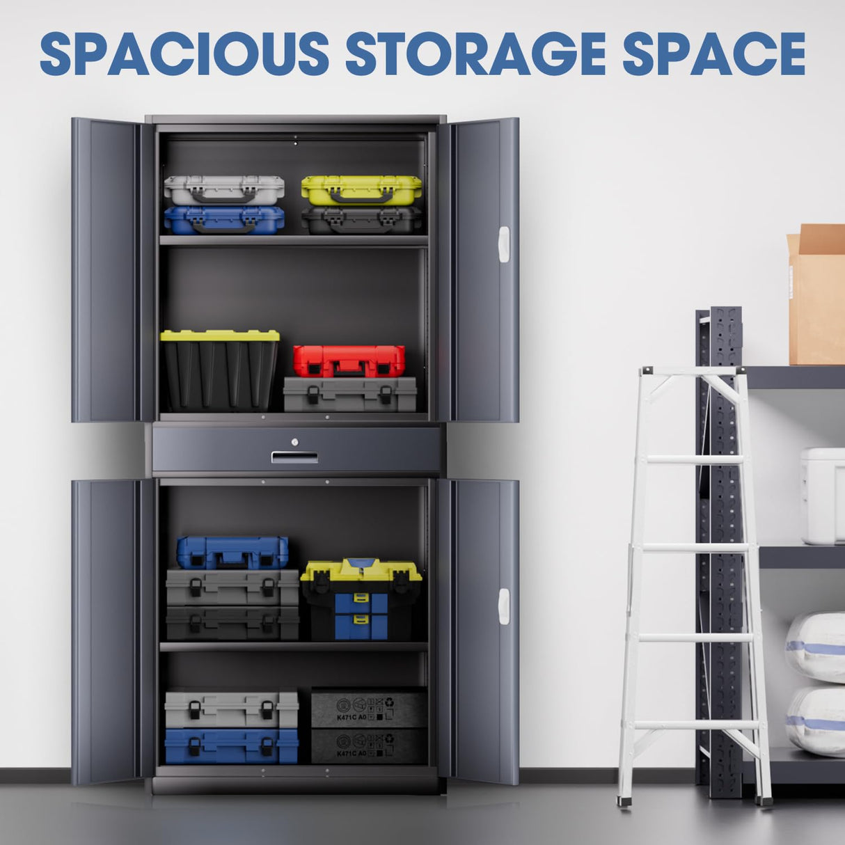 DNA MOTORING Metal Storage Cabinet, 71'' Rolling Garage Cabinet with 1 Drawer and Adjustable Shelves, Lockable Cabinet Heavy Duty Utility Cabinet for Garage,Office,Home,Gray Black, TOOLS-00629-GY-BK DNA MOTORING