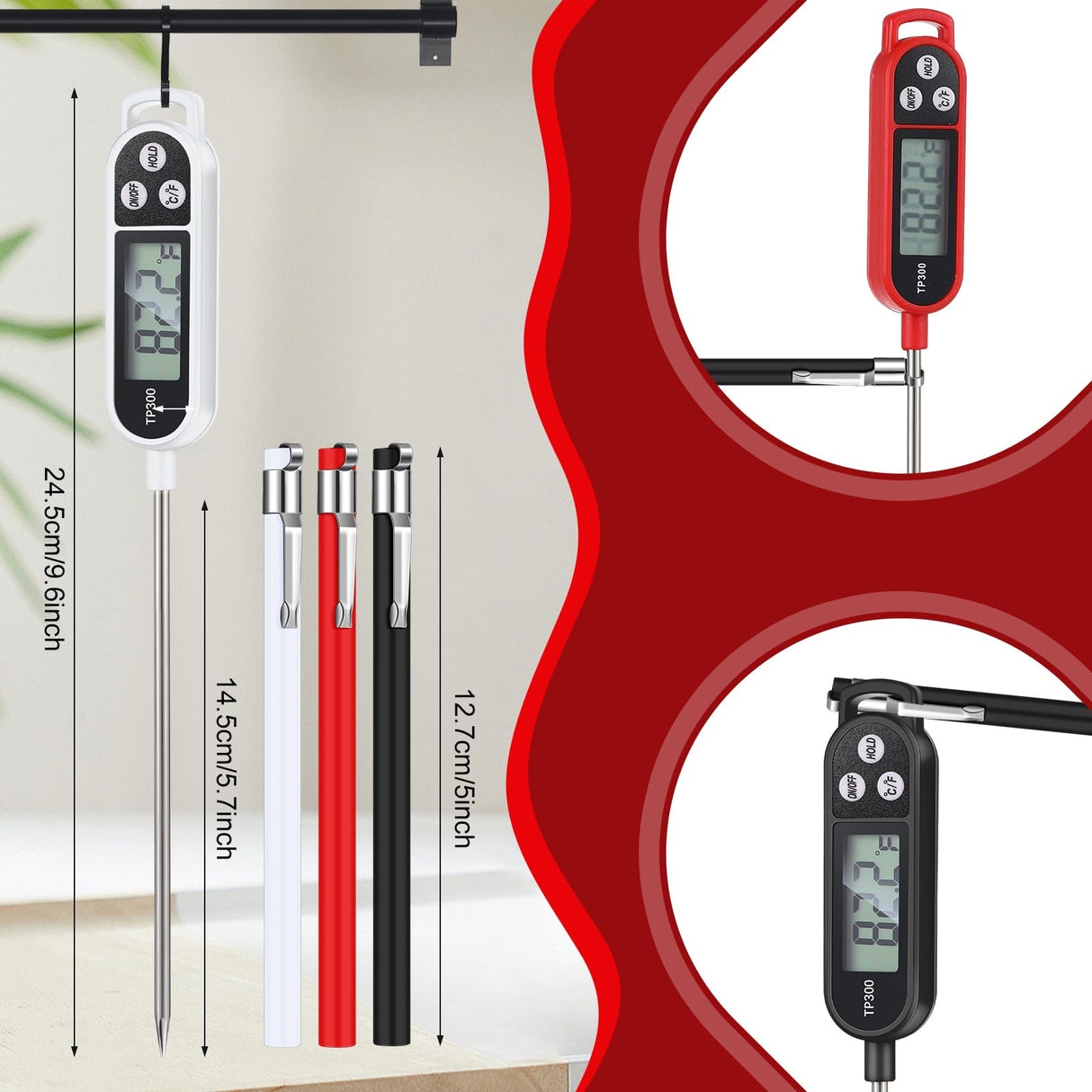 Copkim Waterproof Food Thermometer with Long Probe Digital Meat Thermometer for Water, Liquid, Candle and Cooking Instant Read for Kitchen BBQ Grill Candy(Black,White,Red) Copkim