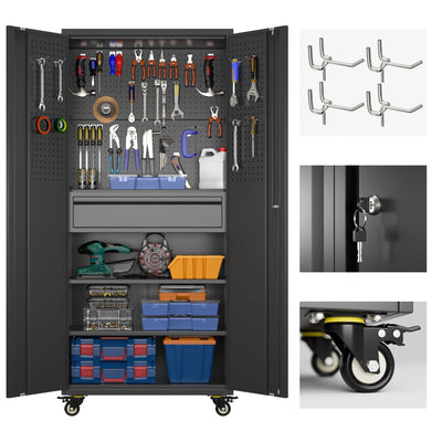 GangMei 71"H Garage Storage Cabinet with Wheels, Drawer, Pegboard and 16 Hooks, Metal Storage Cabinet with Locking Doors and 2 Adjustable Shelves for Garage, Warehouse, Home, Black, Assembly Required