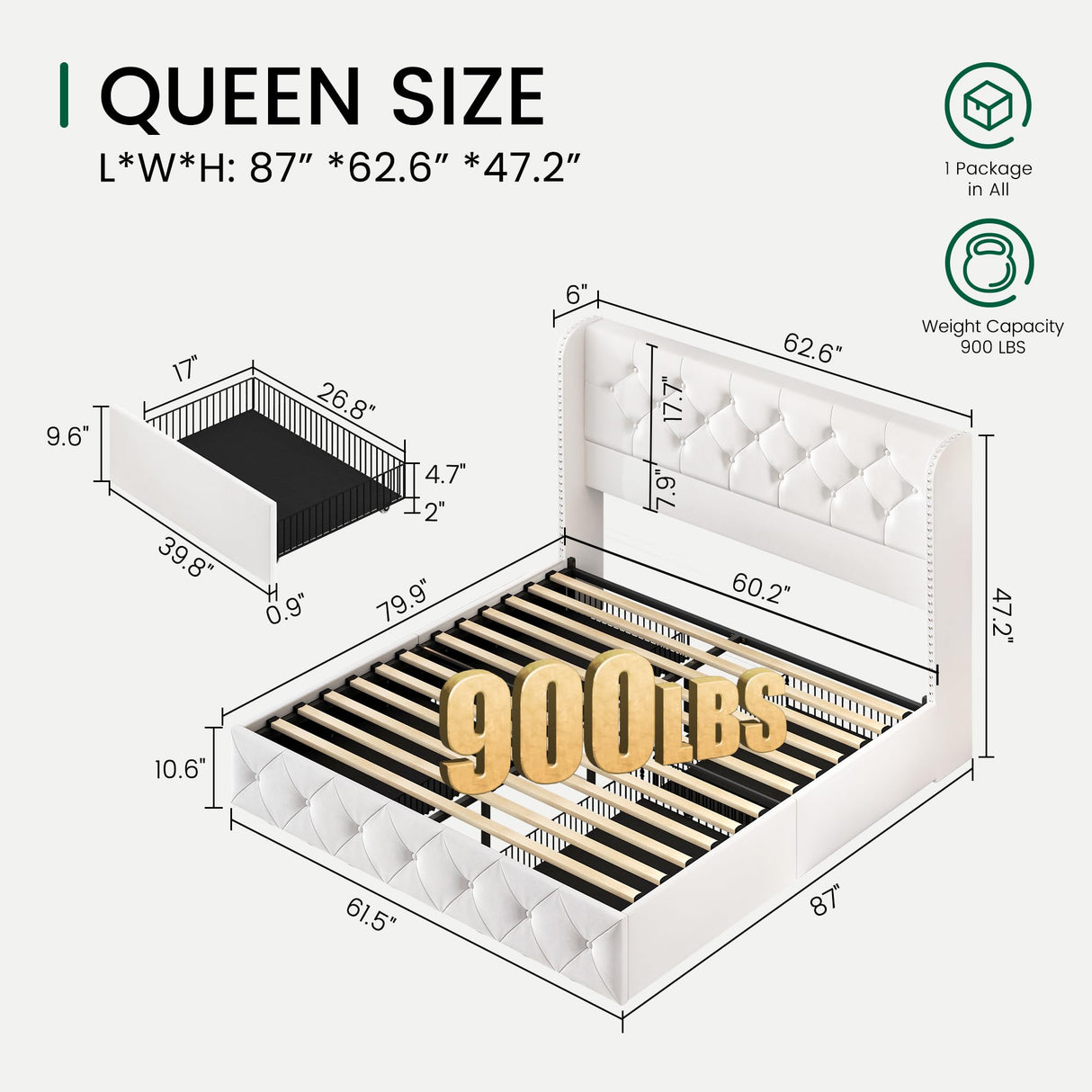 LARMACE Queen Size Bed Frame with 4 Storage Drawers and Wingback Headboard Velvet Upholstered Platform Bed Frame Tufted Beds with Wooden Slats Support, Easy Assembly, White LARMACE