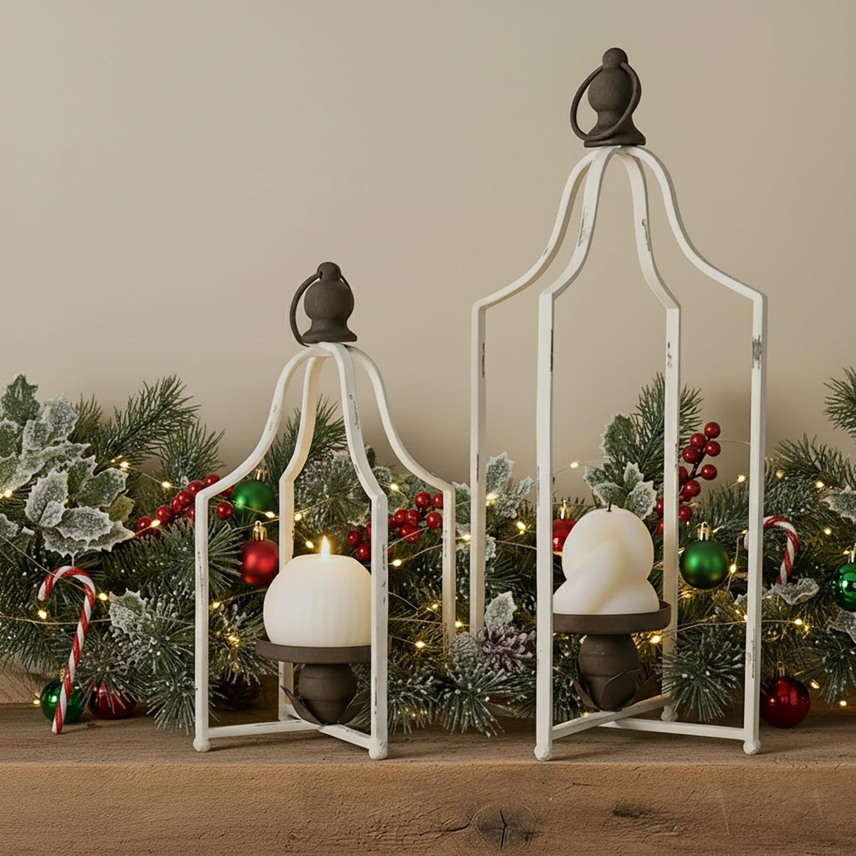 12.5" & 16.5" Timeless Cozy Decorative Lanterns Set of 2, Handcrafted Metal Iron Candle Holders, Farmhouse Elegance Fireplace Mantel Table Festive Gatherings Decor Fenisam