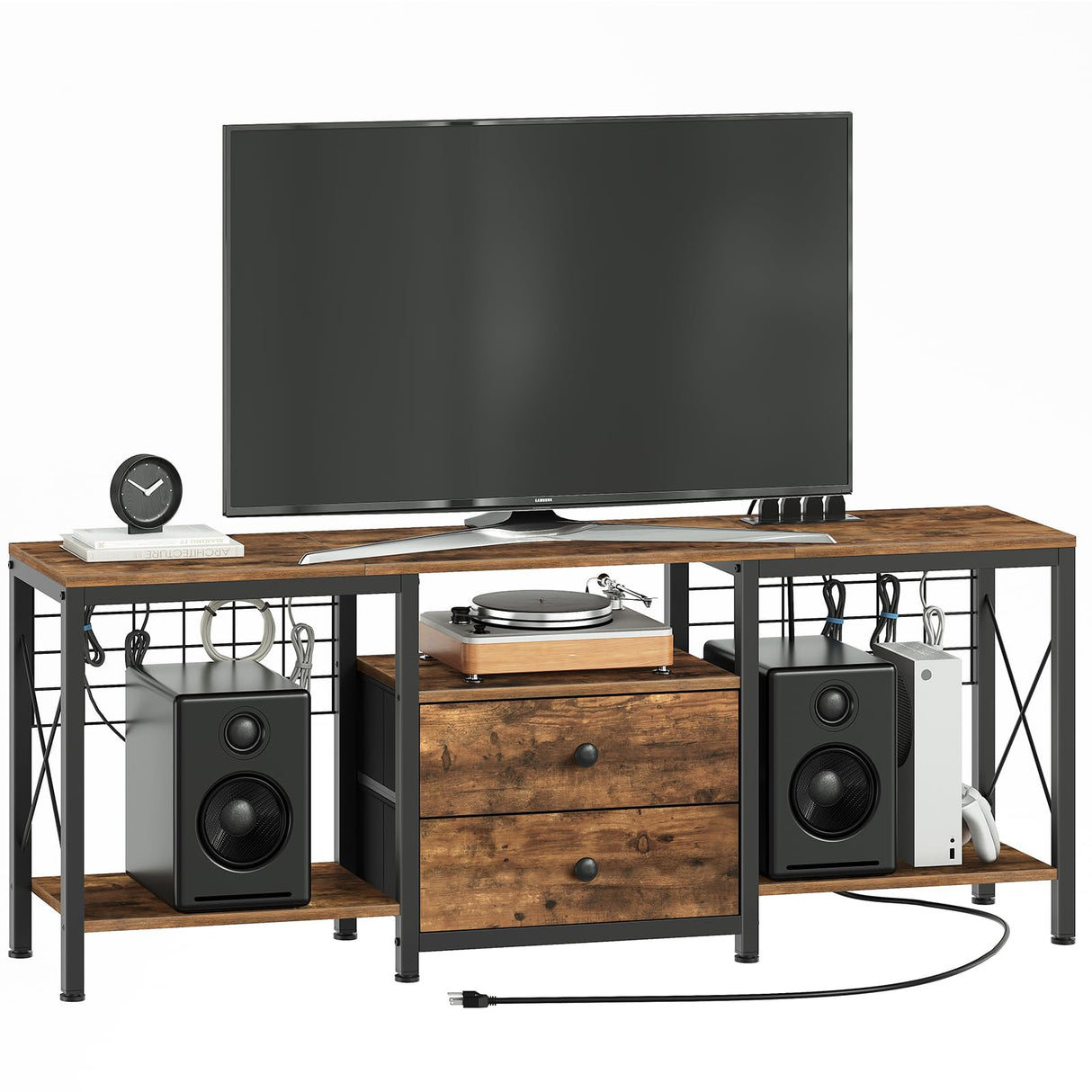 YATINEY TV Stand with Power Outlet for 65 Inch, Entertainment Center with 2 Fabric Drawers, TV Console Table with Open Storage Shelves for TVs, Cable Management, for Living Room, Bedroom, DS14UBR YATINEY