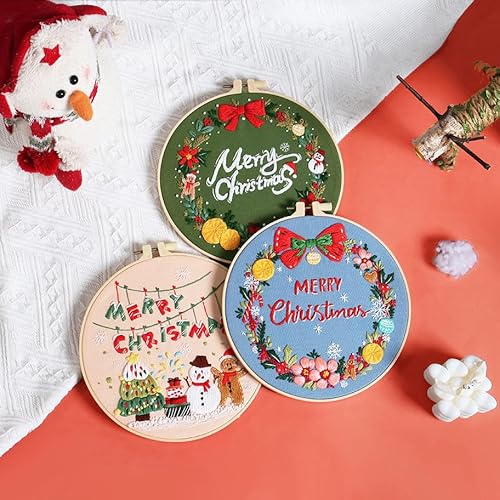 Konrisa Embroidery Kits Merry Christmas Pattern Embroidery Starter Kits for Adults Beginner DIY Sewing Needlepoint Cross Stitch Practice Kit Christmas Home Decoration Handmade Gifts