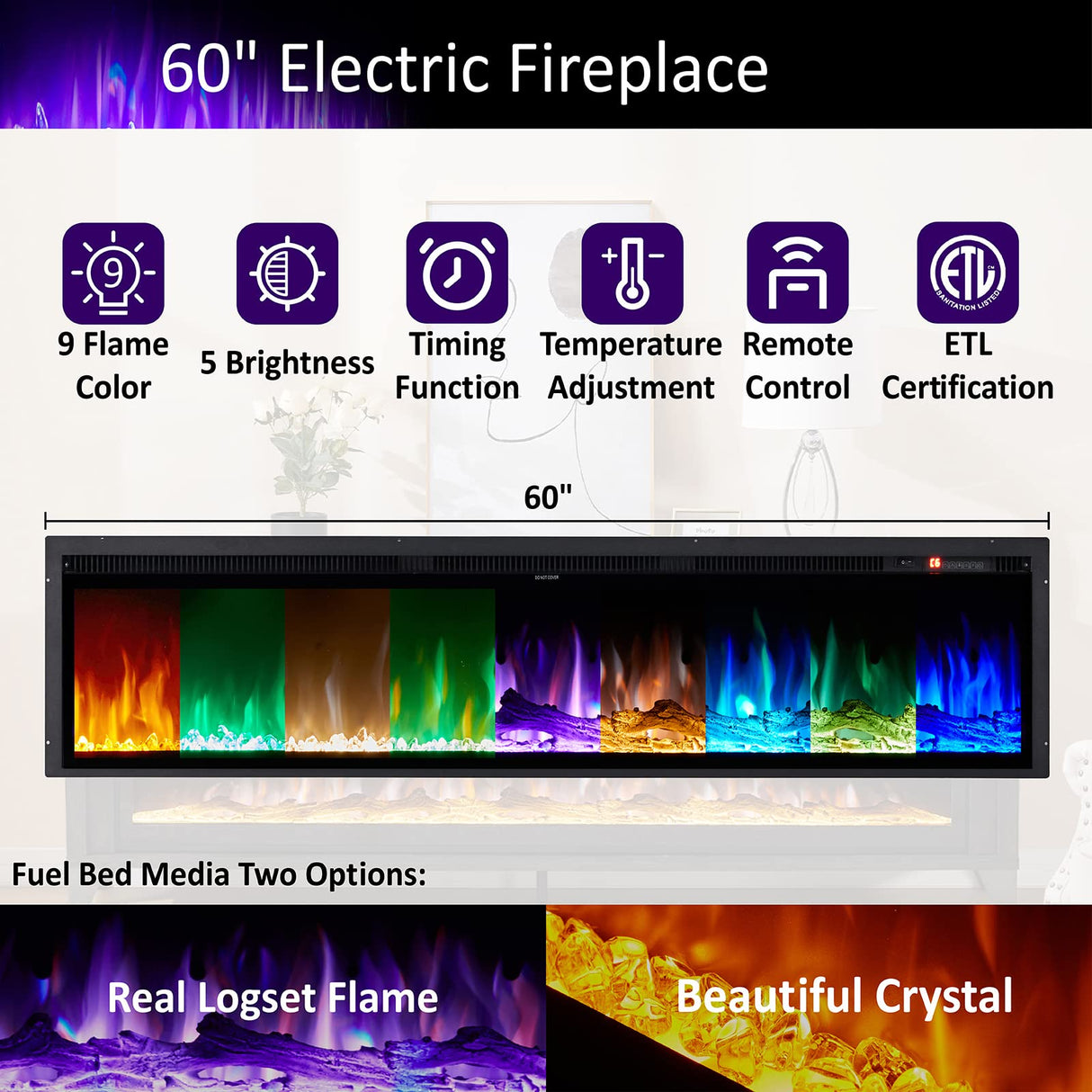 AMERLIFE 65" Fireplace TV Stand with 60" Glass Electric Fireplace, Industrial & Farmhouse Media Entertainment Center with Open Shelve Storage for TVs Up to 75", TV Console for Living Room, Gray AMERLIFE