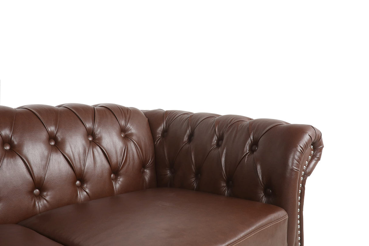 RARZOE Modern 3 Seater PU Chesterfield Sofa, Upholstered Tufted Button Leather Chesterfield Couch, Classic Faux Leather Settee with Nailhead Trim Scroll Arms for Living Room Bedroom(Dark Brown) RARZOE