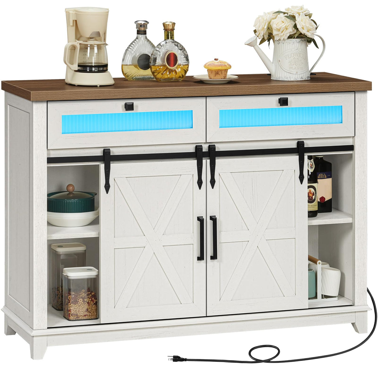 RALGEND White Farmhouse Storage Cabinet, Sideboard Buffet Cabinet with Storage, Kitchen Buffet Storage Cabinet with Power Outlet & LED Light, Coffee Bar Cabinet with Sliding Barn Doors & 2 Drawers RALGEND