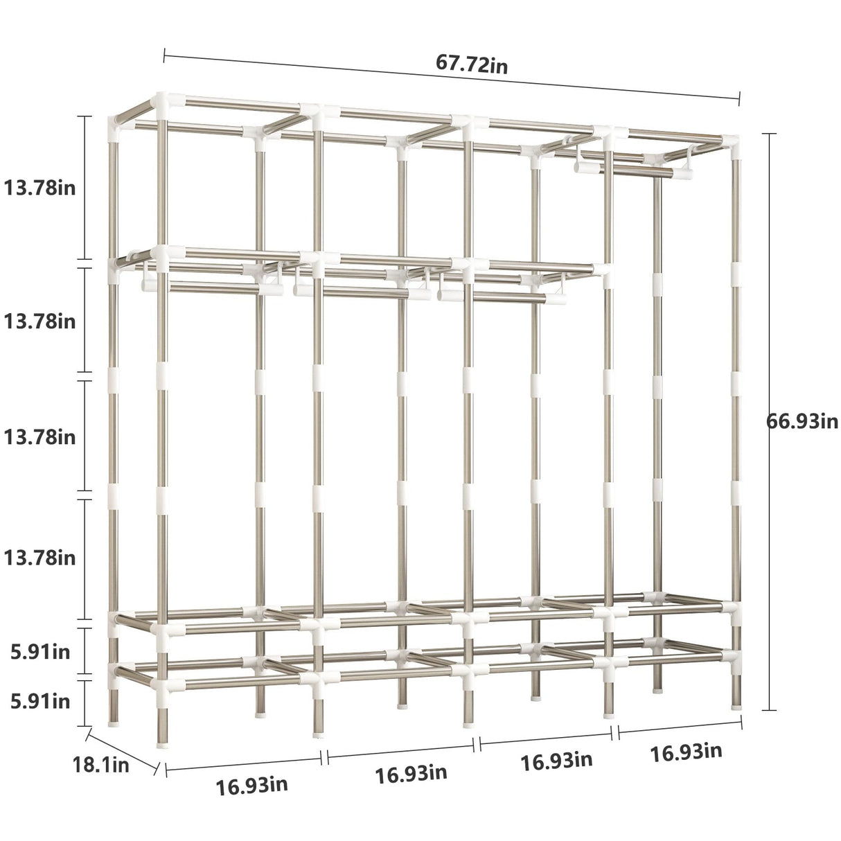 LEAIJIAFY Large Portable Armoire Wardrobe Closet with 4 Hanging Rods and Drawers,Gray Metal Storage Wardrobe Clothes Rack with Dust Cover for Hanging Clothes,67.7 in Width,Bedroom LEAIJIAFY