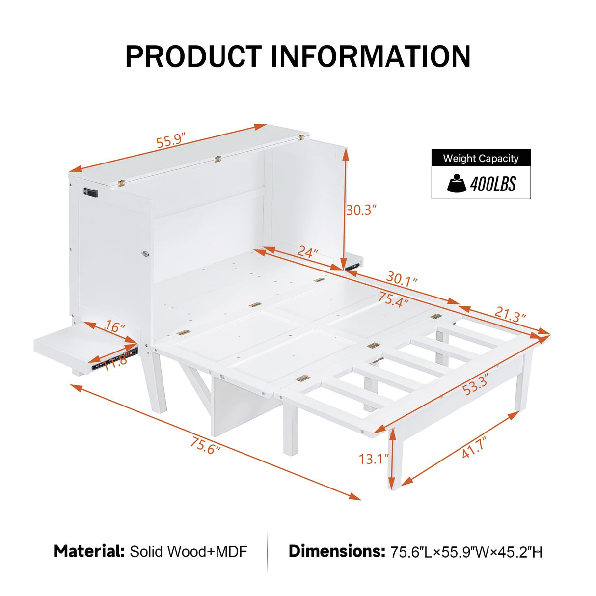 Merax Full Size Murphy Bed, Bed with USB Port and Removable Shelves on Each Side,White Merax