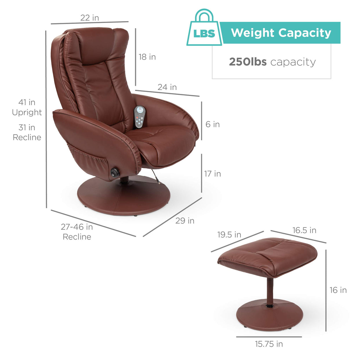 Best Choice Products Faux Leather Electric Massage Recliner w/Stool Footrest Ottoman, Remote Control, 5 Heat & Massage Modes, Side Pockets - Brown Best Choice Products